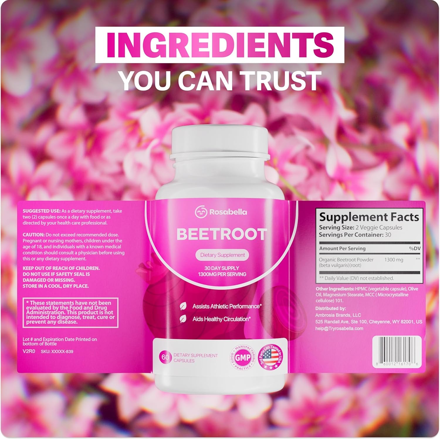 Organic Beet Root Capsules - 1300Mg Beet Root Powder Aids Healthy Circulation & Vitality, Non-Gmo, Beet Root Supplement - 60 Capsules, 30-Day Supply