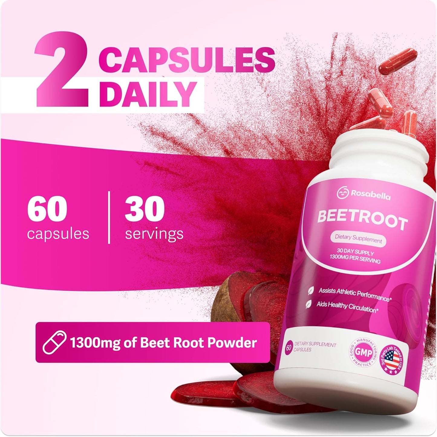Organic Beet Root Capsules - 1300Mg Beet Root Powder Aids Healthy Circulation & Vitality, Non-Gmo, Beet Root Supplement - 60 Capsules, 30-Day Supply