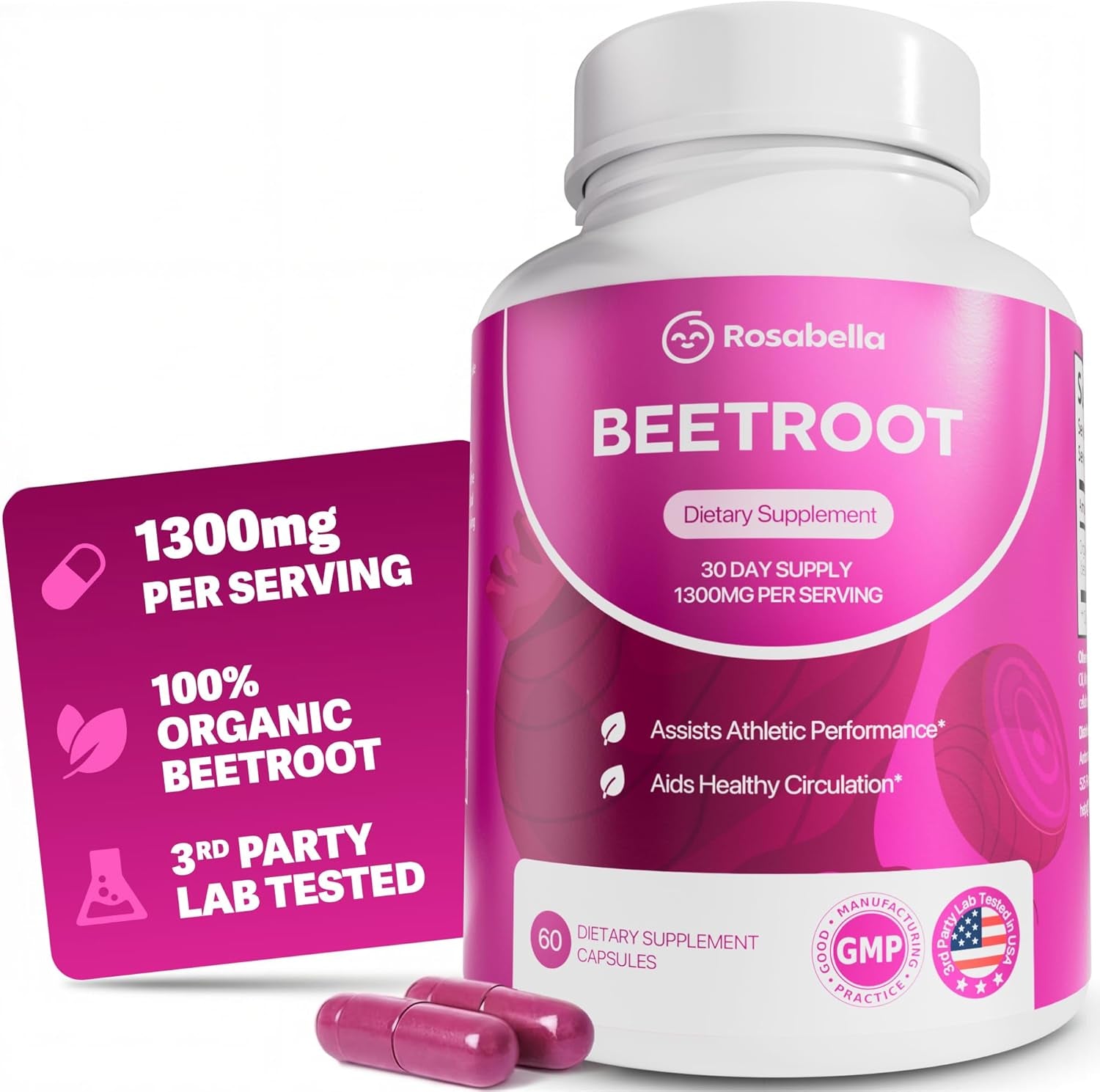 Organic Beet Root Capsules - 1300Mg Beet Root Powder Aids Healthy Circulation & Vitality, Non-Gmo, Beet Root Supplement - 60 Capsules, 30-Day Supply